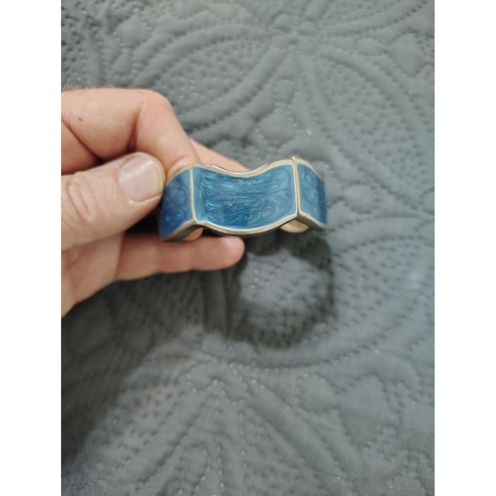 Vintage Blue Enamel Wavy Hinged Cuff Bracelet Gold Tone Marbled Swirl Des